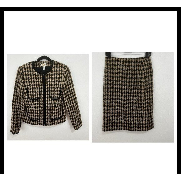 Talbots Houndstooth Tweed Blazer Skirt Set Sz 4 Wool Blend Pockets Zipper Front - Picture 1 of 12